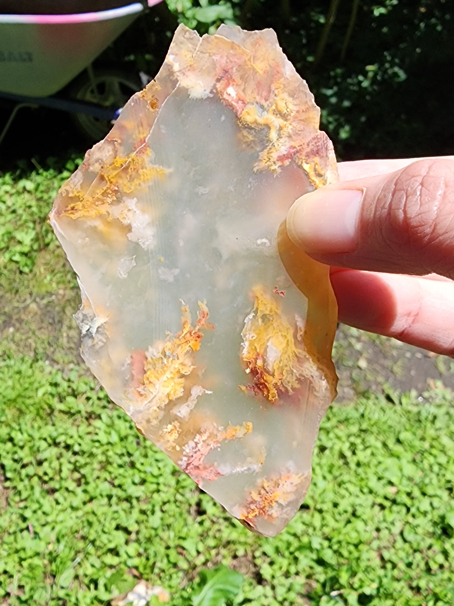 Pink lady plume agate slab